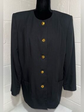 Vintage Oleg Cassini Black Collarless Blazer Gold Buttons Size 14